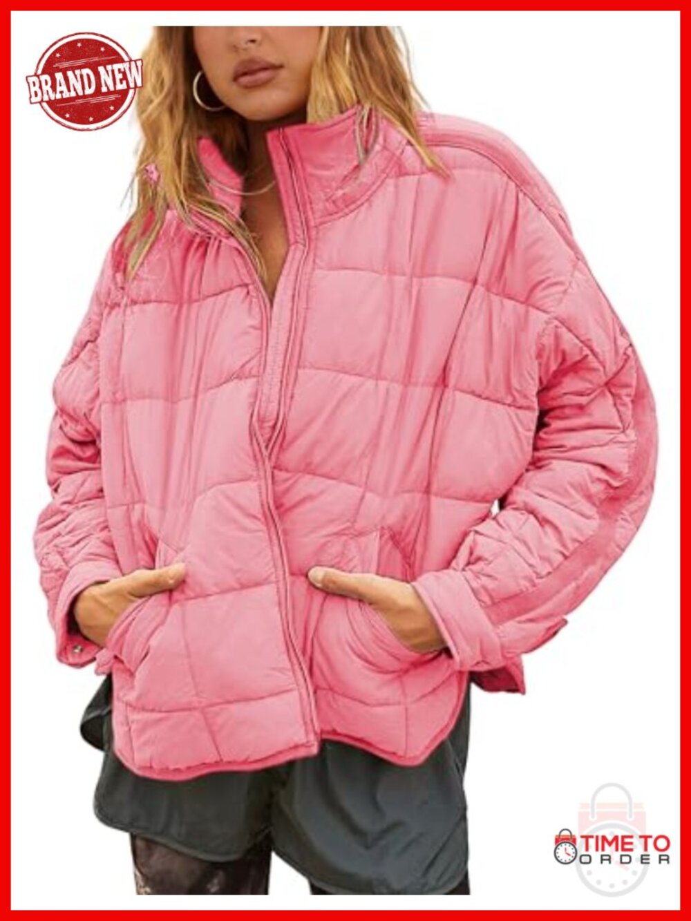 Women's Oversized Quilted Lightweight Puffer Jacket Button Cuffs Stand Collar